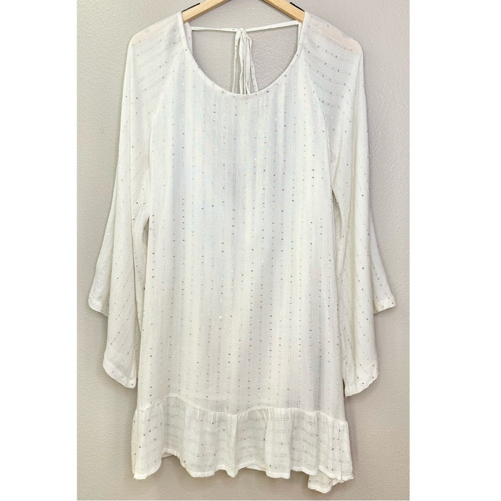 Sundress Indiana White Sequin Turquoise Beaded Tassels Swim Cover-Up Mini Dress - Picture 2 of 9